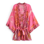 Vintage Star and Moon Floral Print Sashes Women Bohemian V Neck Batwing Sleeves Happie Short Robe Kimono