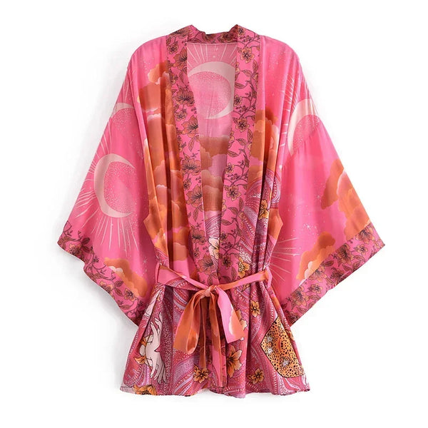 Hanami Wear — Robe Kimono Bohème Étoile & Lune | Ceinture incluse