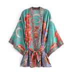 Vintage Star and Moon Floral Print Sashes Women Bohemian V Neck Batwing Sleeves Happie Short Robe Kimono