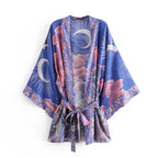 Vintage Star and Moon Floral Print Sashes Women Bohemian V Neck Batwing Sleeves Happie Short Robe Kimono